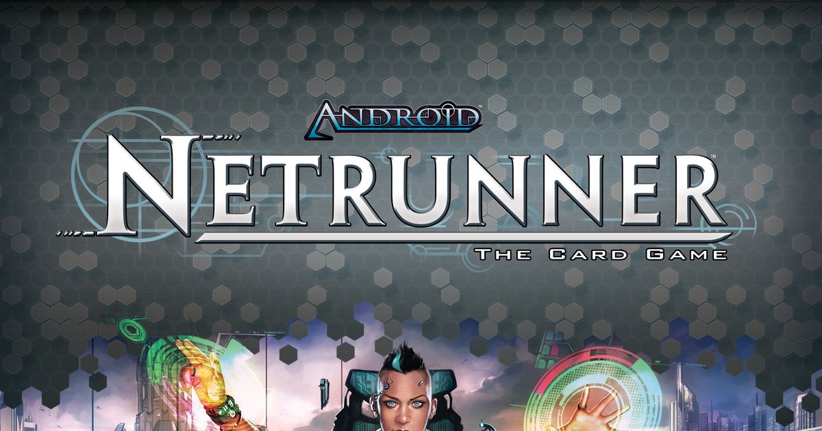 Box art for Android: Netrunner showing a cyberpunk hacker facing off against corporate towers