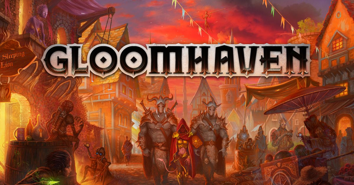 Box art for Gloomhaven, showing a lantern-lit hooded traveler outside a ruined stone city