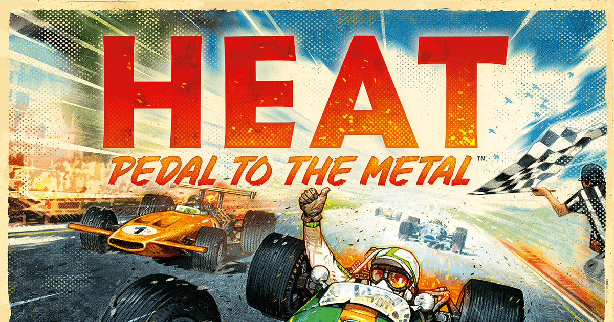 Box art for Heat: Pedal to the Metal showing stylized racecars mid-turn on a checkered track
