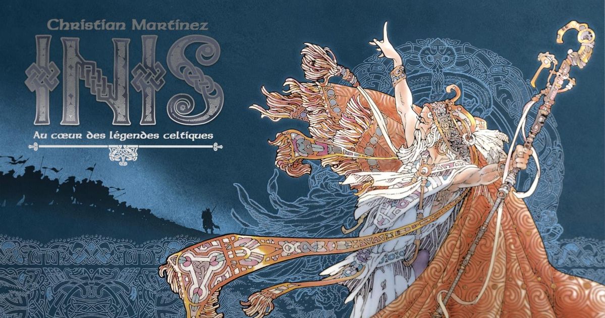 Box art for Inis, showing a Celtic warrior chieftain with a raven on a stormy Irish coastline