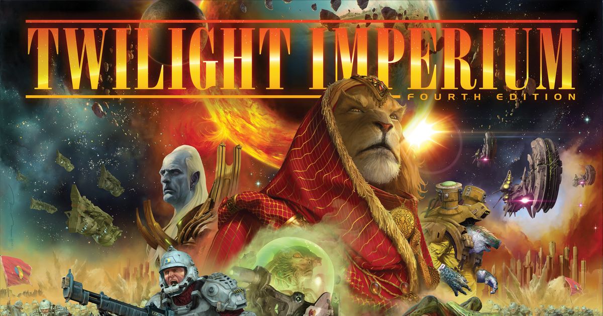 Box art for Twilight Imperium Fourth Edition showing a fleet of alien starships in a galactic battle