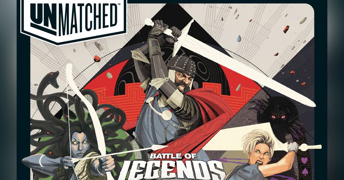 Box art for Unmatched showing a lineup of mismatched fighters ready for a tactical skirmish battle